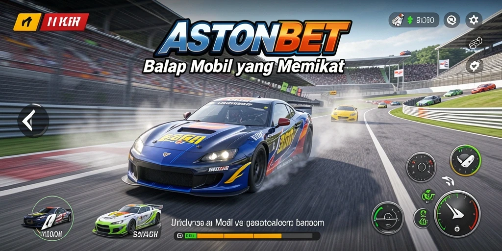 Screenshot utama ASTONBET menampilkan mobil balap di lintasan yang menakjubkan.