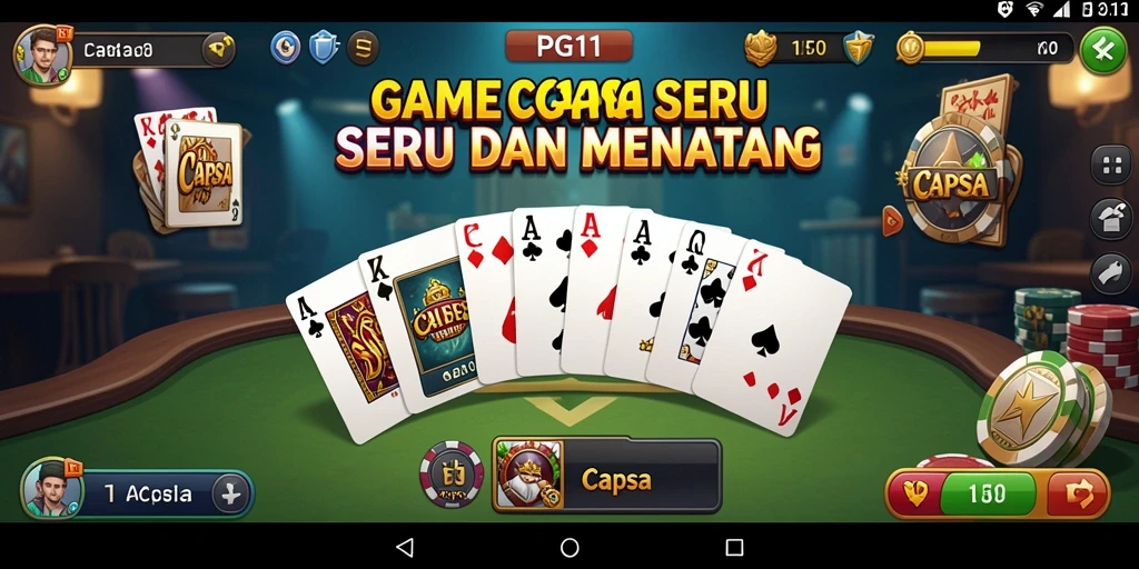 Antarmuka menarik PG11 yang menampilkan tindakan bermain Capsa.