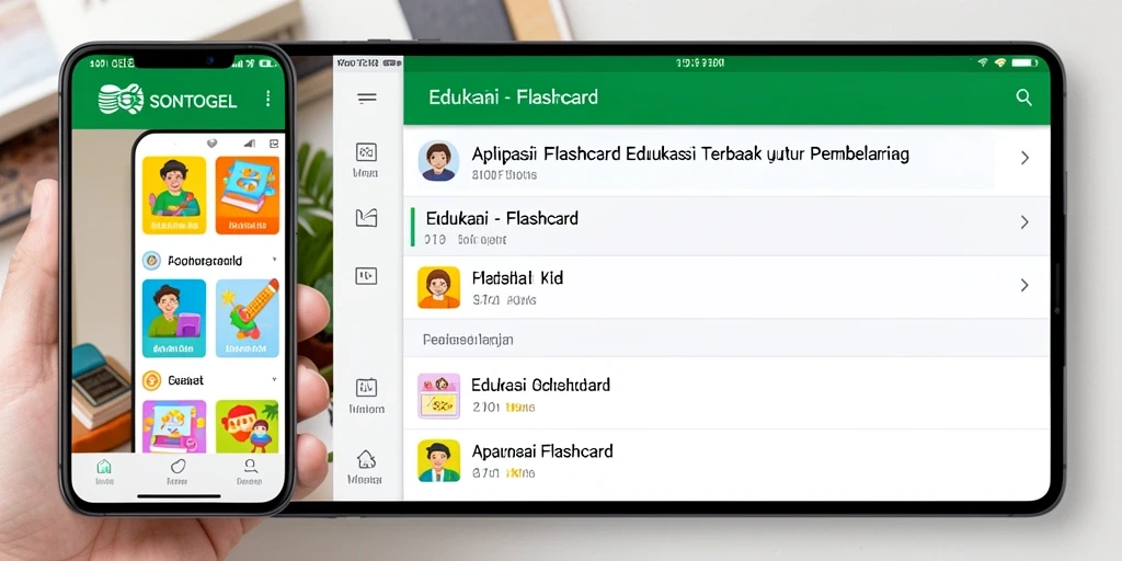 Tampilan antarmuka aplikasi SONTOGEL dengan fitur flashcard interaktif.